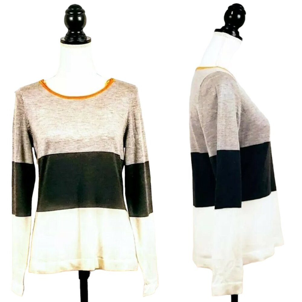 VINCE CAMUTO Top, White Gray Orange Striped Polyester Long Sleeve Career, S
